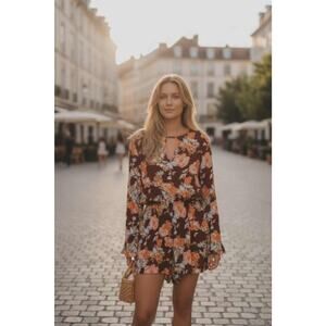 Rewind Burgundy Floral Romper With POCKETS / Keyhole Back Size XL